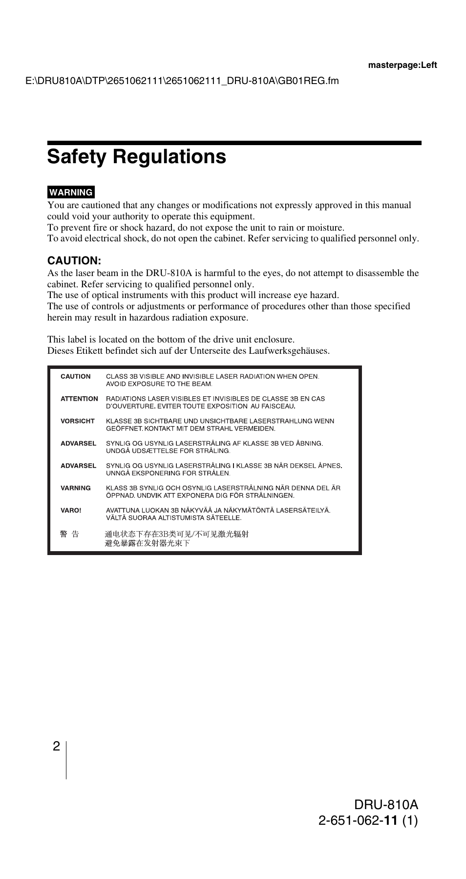 Safety regulations | Sony DRU-810A User Manual | Page 2 / 36
