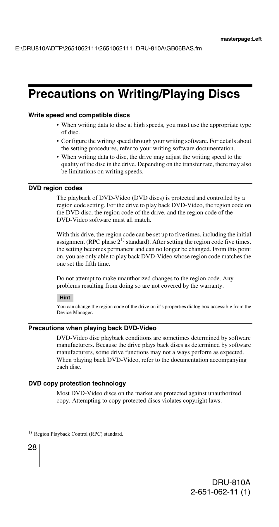 Precautions on writing/playing discs, Precautions on writing/playing, Discs | Sony DRU-810A User Manual | Page 28 / 36