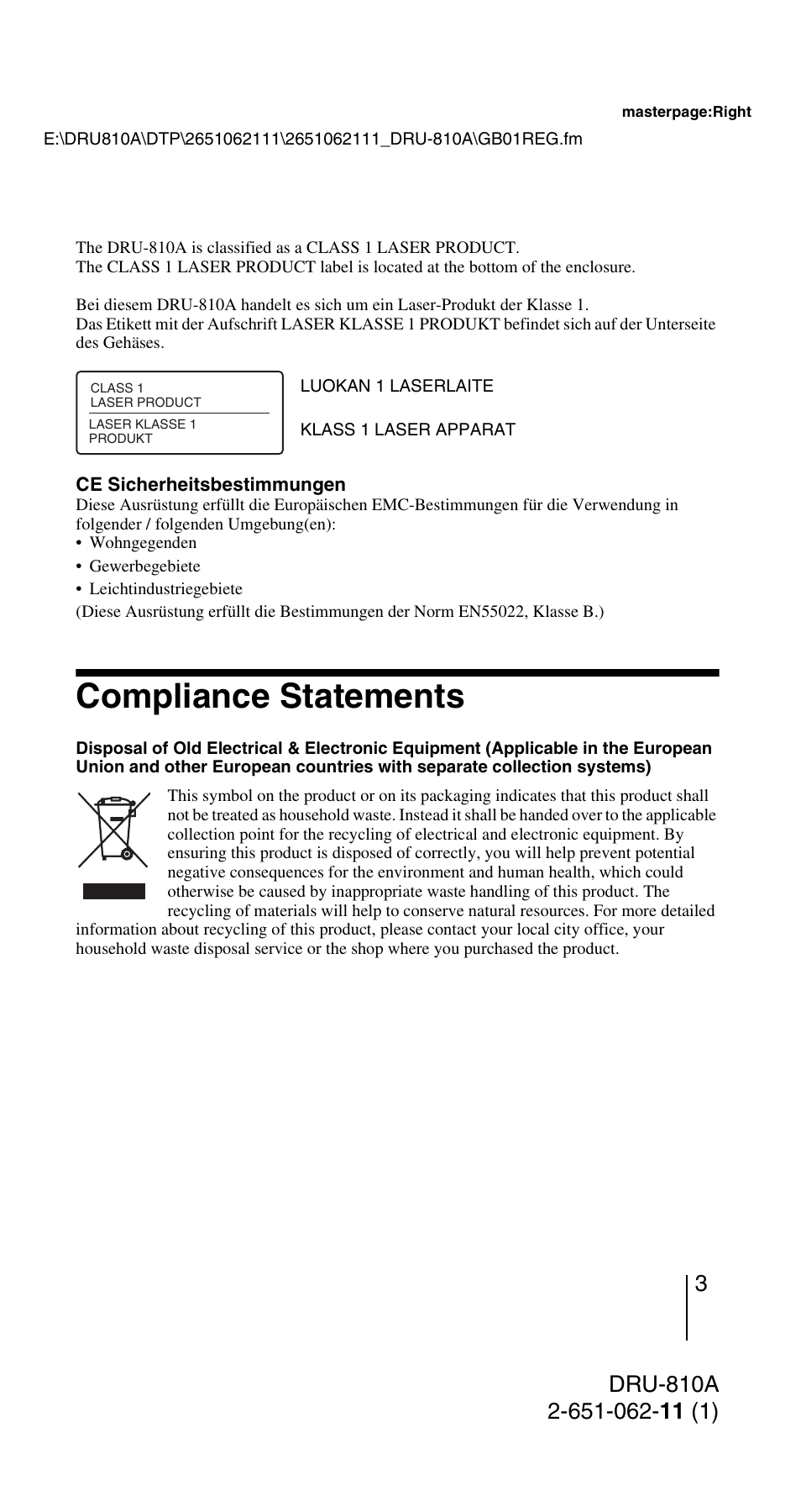 Compliance statements | Sony DRU-810A User Manual | Page 3 / 36