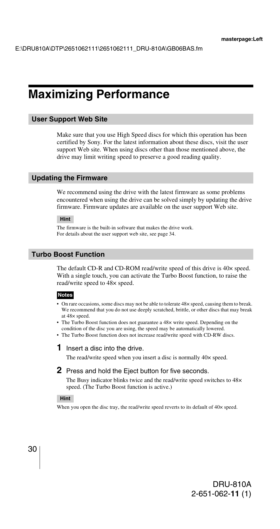 Maximizing performance, User support web site, Updating the firmware | Turbo boost function | Sony DRU-810A User Manual | Page 30 / 36