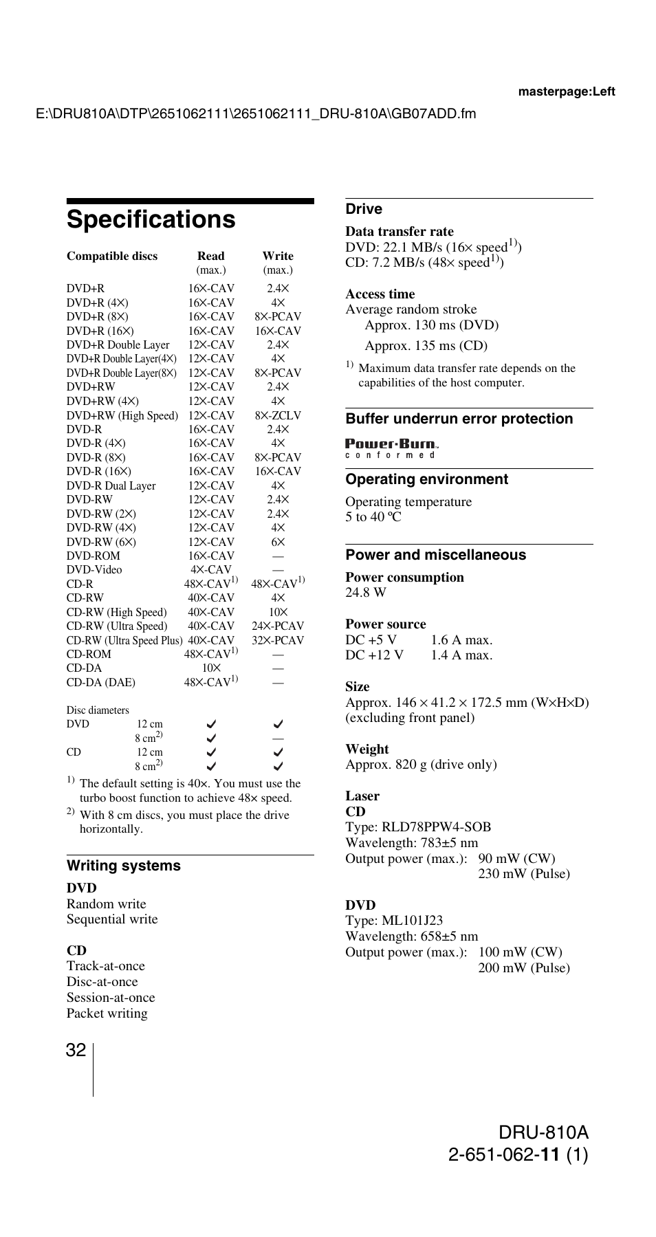 Specifications | Sony DRU-810A User Manual | Page 32 / 36