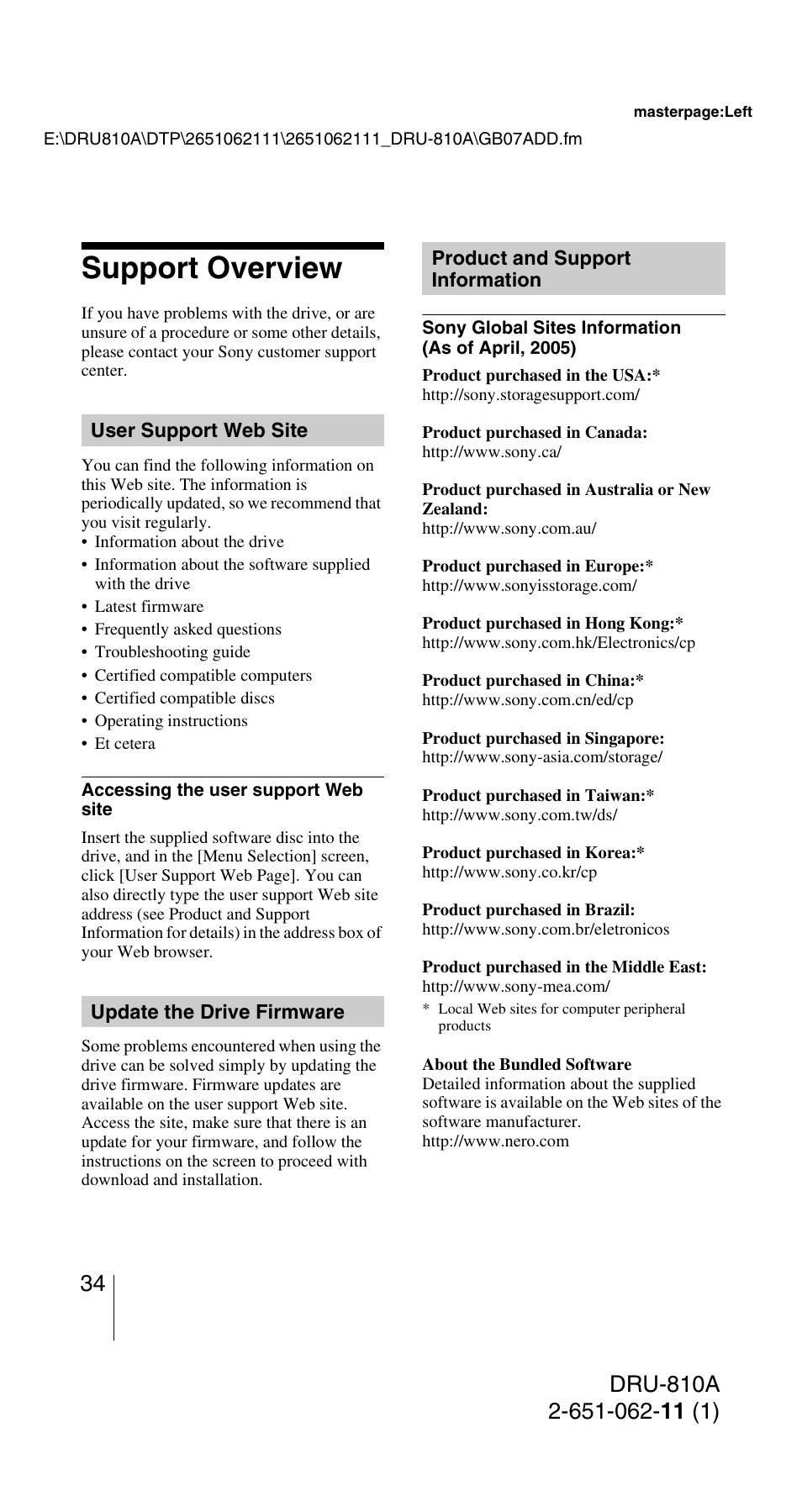 Support overview, User support web site, Update the drive firmware | Product and support information, Product and support, Information | Sony DRU-810A User Manual | Page 34 / 36
