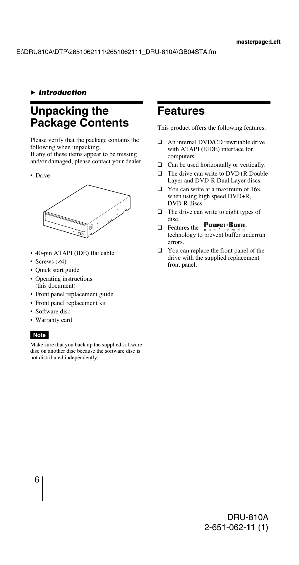 Introduction, Unpacking the package contents, Features | Sony DRU-810A User Manual | Page 6 / 36