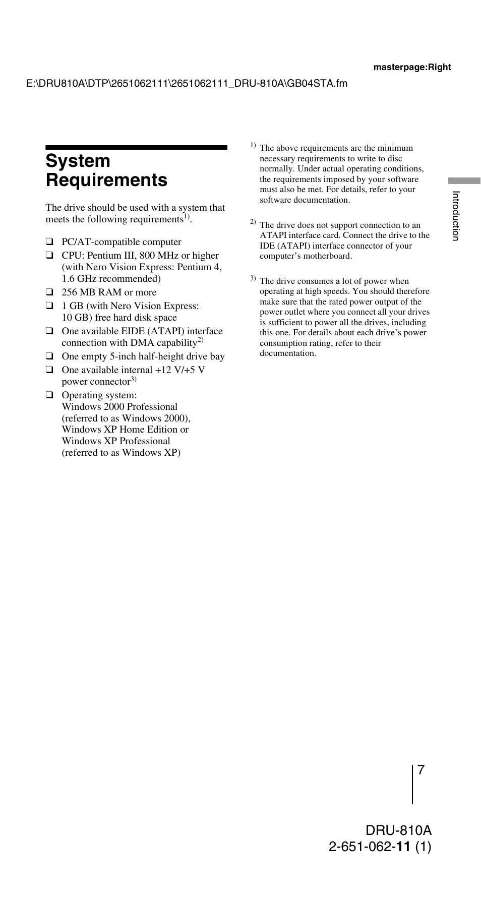 System requirements | Sony DRU-810A User Manual | Page 7 / 36