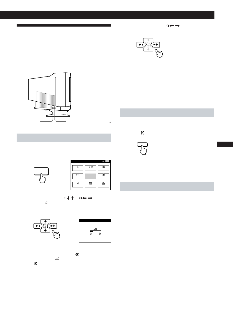 Raccordement du haut-parleur de votre moniteur, Préparation, Réglage du son 1 | Pour couper le son, Utilisation de la prise pour casque d’écoute | Sony CPD-200GS User Manual | Page 25 / 57