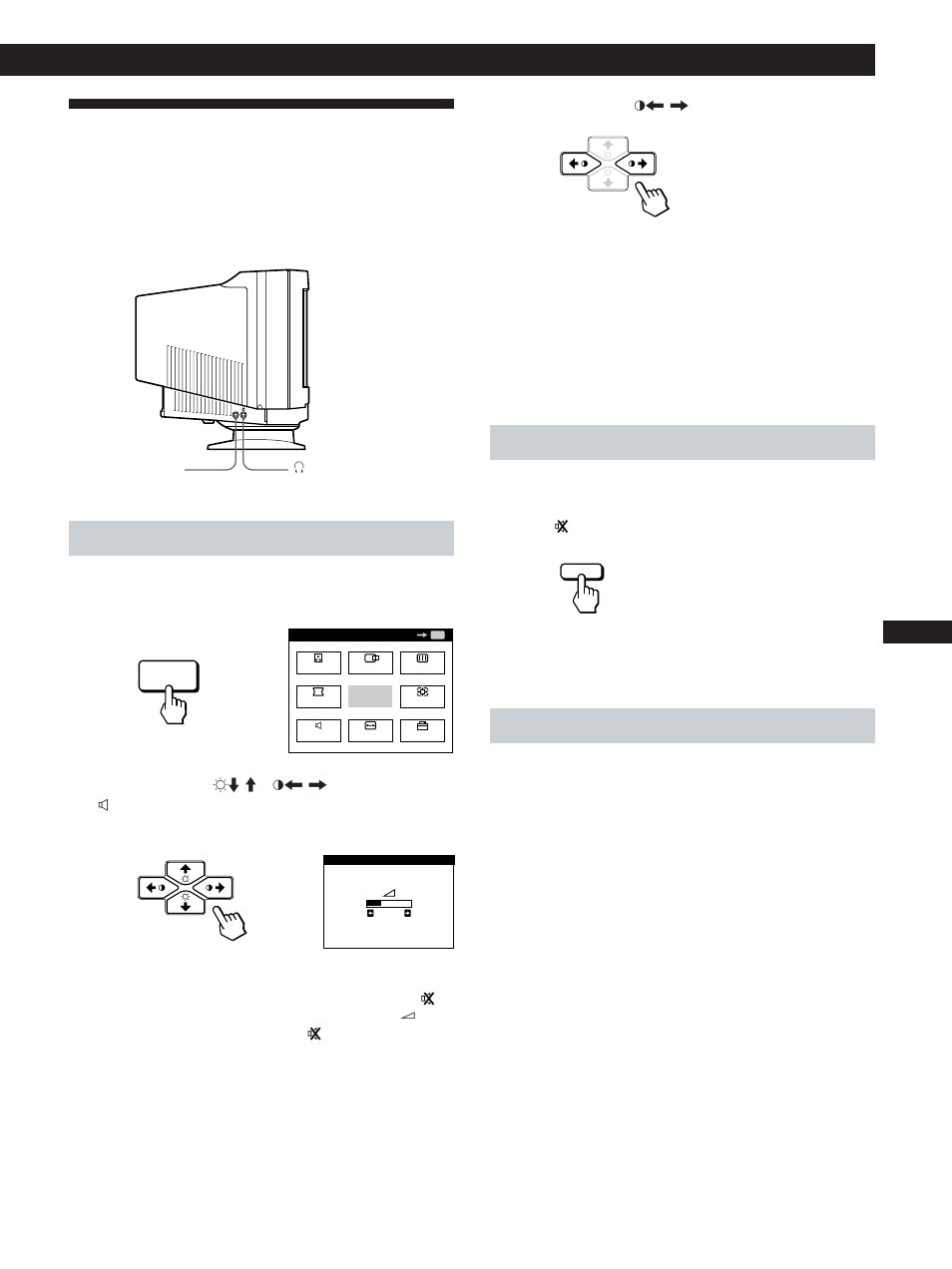 Conexión del altavoz del monitor, Procedimientos iniciales, Ajuste del sonido 1 | Para desactivar el sonido, Uso de la toma de auriculares | Sony CPD-200GS User Manual | Page 43 / 57