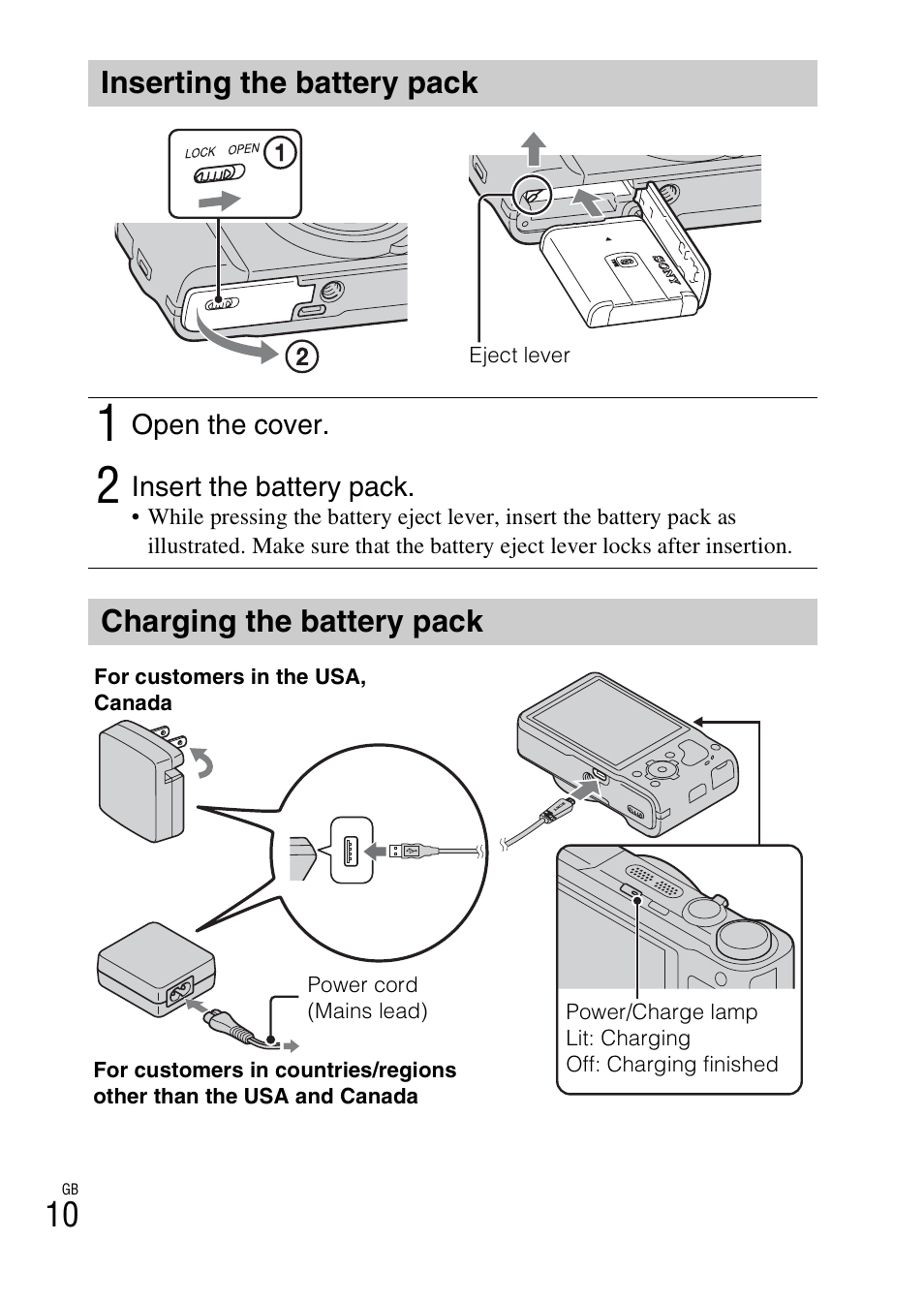 Inserting the battery pack, Charging the battery pack | Sony CYBER-SHOT DSC-HX9 User Manual | Page 10 / 64