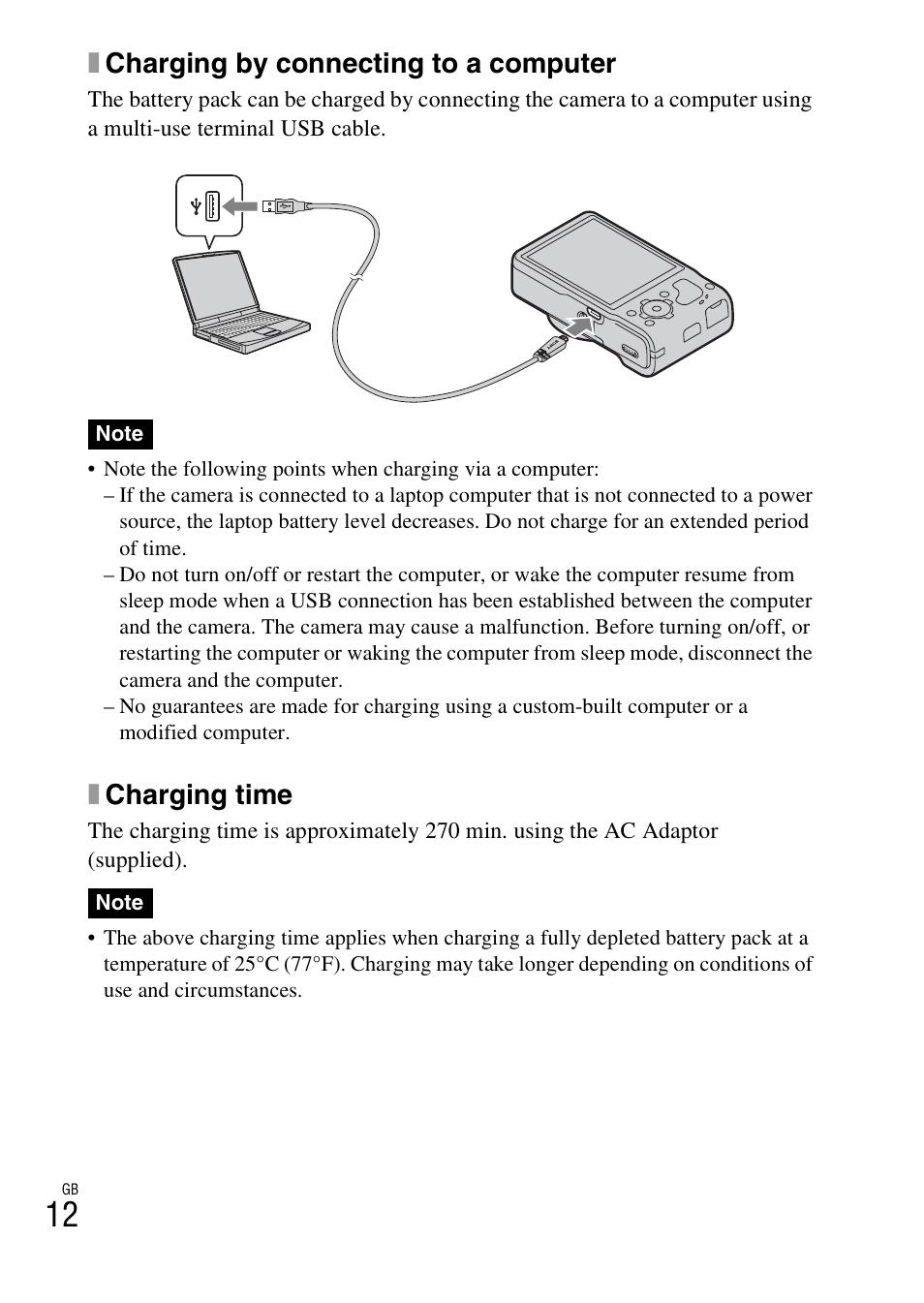 Xcharging by connecting to a computer, Xcharging time | Sony CYBER-SHOT DSC-HX9 User Manual | Page 12 / 64