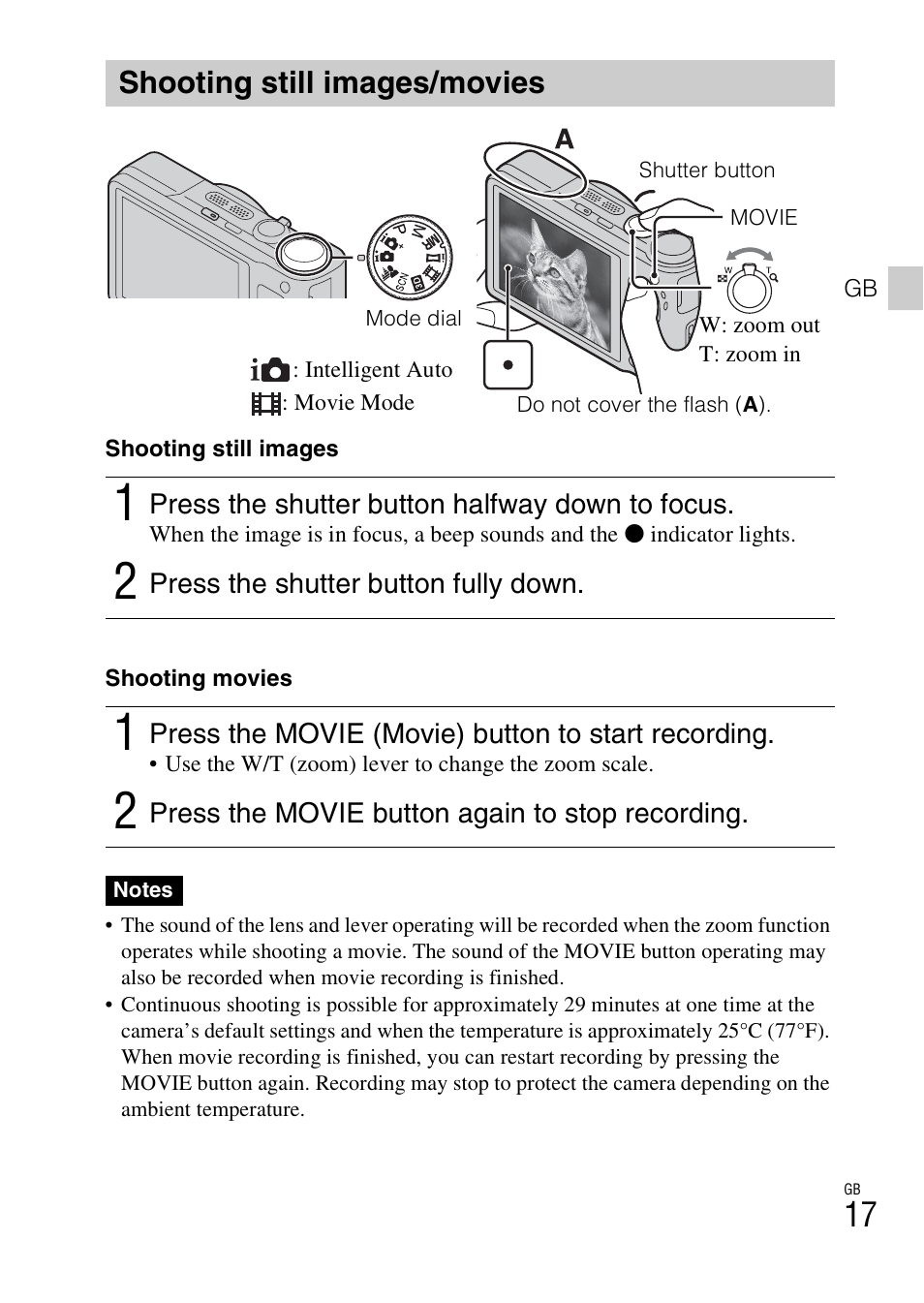 Shooting still images/movies | Sony CYBER-SHOT DSC-HX9 User Manual | Page 17 / 64
