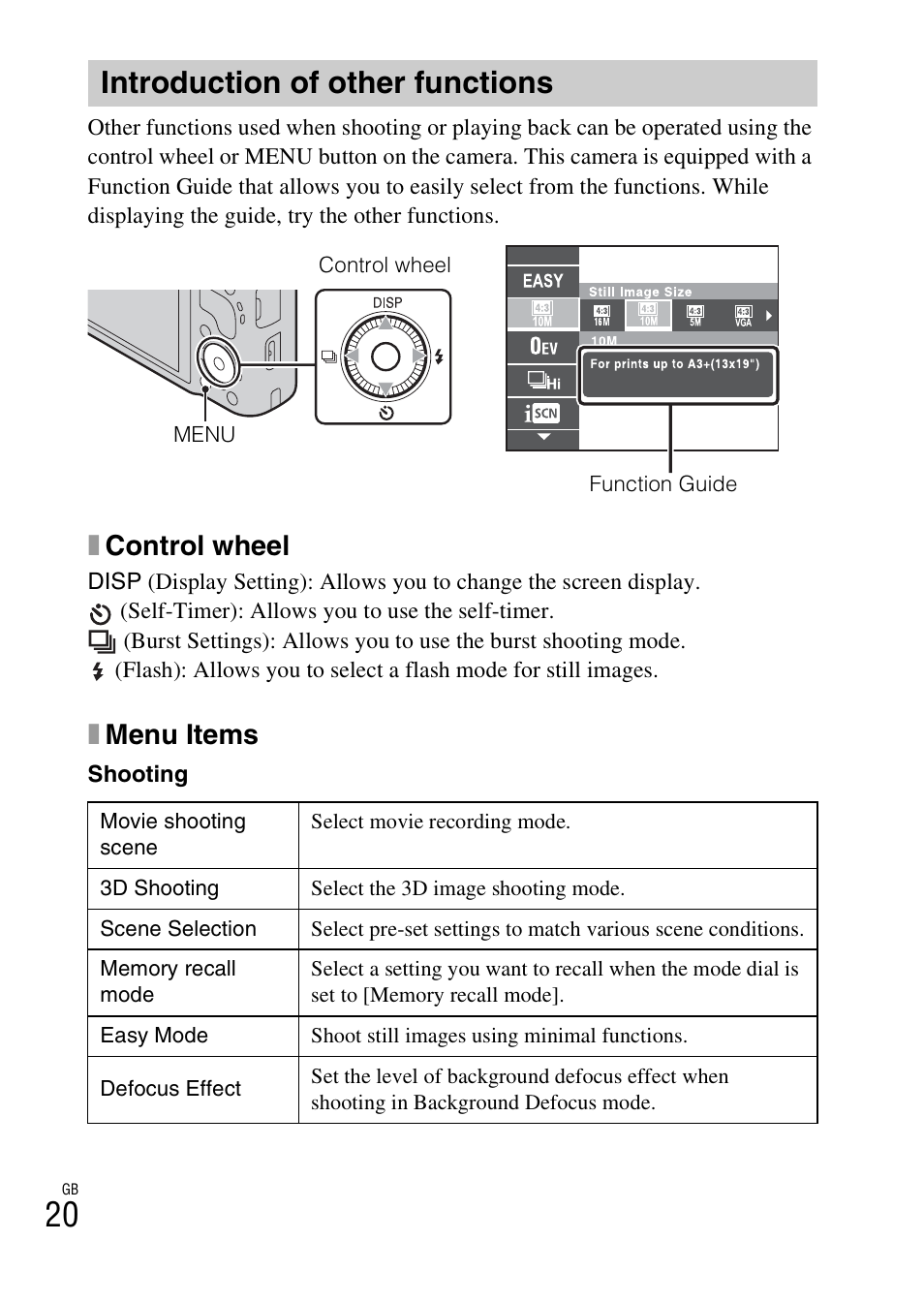 Introduction of other functions, Xcontrol wheel, Xmenu items | Sony CYBER-SHOT DSC-HX9 User Manual | Page 20 / 64