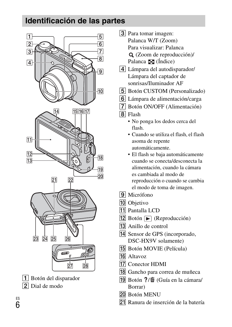 Identificación de las partes | Sony CYBER-SHOT DSC-HX9 User Manual | Page 36 / 64
