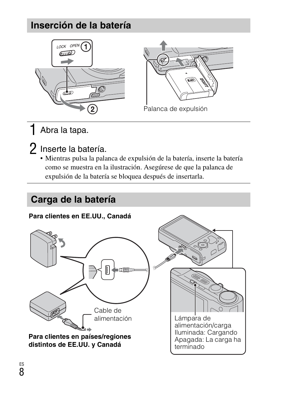 Inserción de la batería, Carga de la batería | Sony CYBER-SHOT DSC-HX9 User Manual | Page 38 / 64