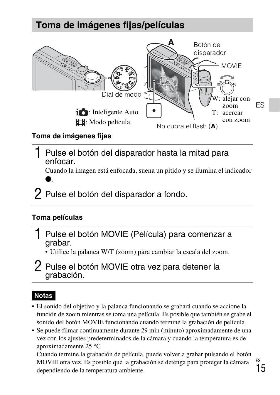 Toma de imágenes fijas/películas | Sony CYBER-SHOT DSC-HX9 User Manual | Page 45 / 64