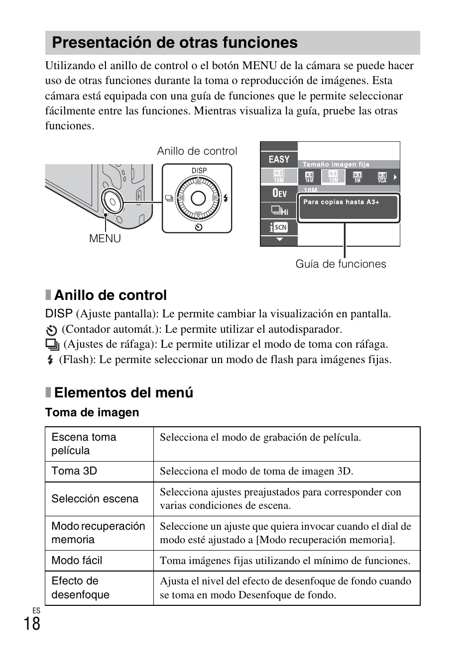 Presentación de otras funciones, Xanillo de control, Xelementos del menú | Sony CYBER-SHOT DSC-HX9 User Manual | Page 48 / 64
