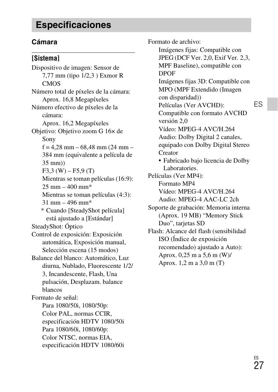 Especificaciones | Sony CYBER-SHOT DSC-HX9 User Manual | Page 57 / 64