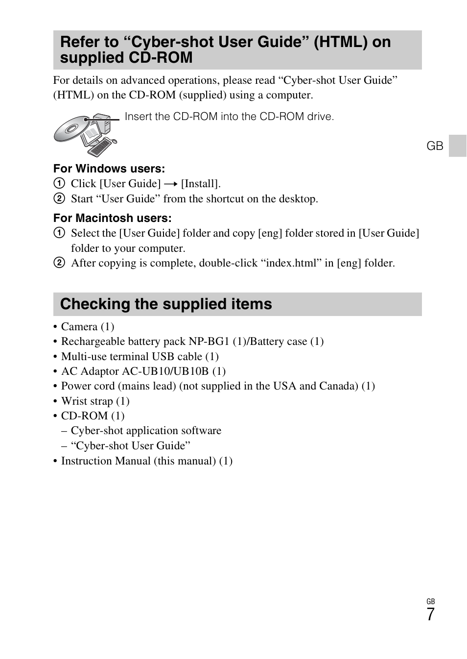 Checking the supplied items | Sony CYBER-SHOT DSC-HX9 User Manual | Page 7 / 64