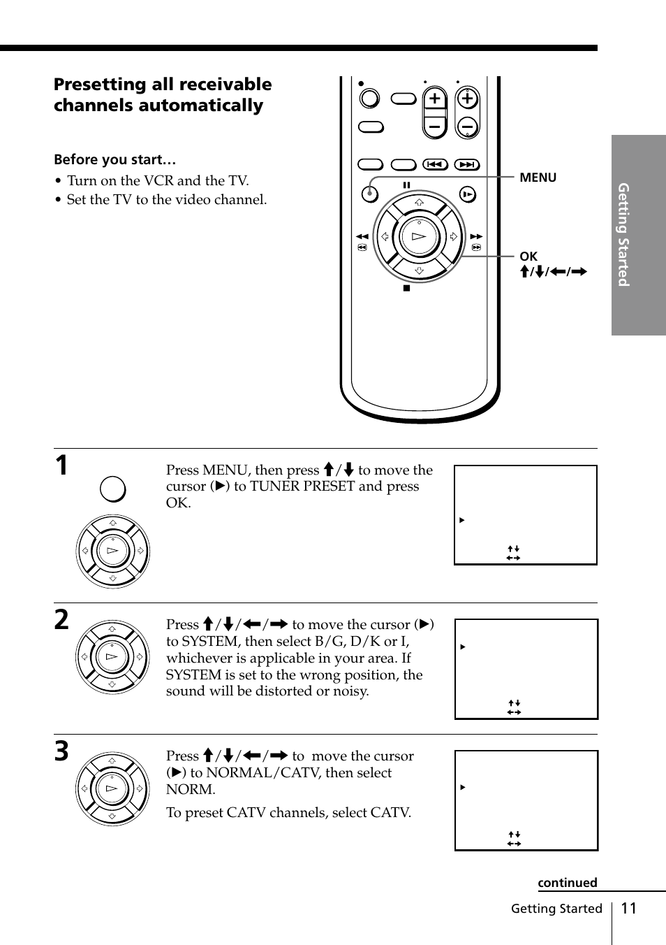 Presetting all receivable channels automatically, Getting started, Ok m / m / < / , menu | Continued | Sony SLV-ED25PS/TH User Manual | Page 11 / 53