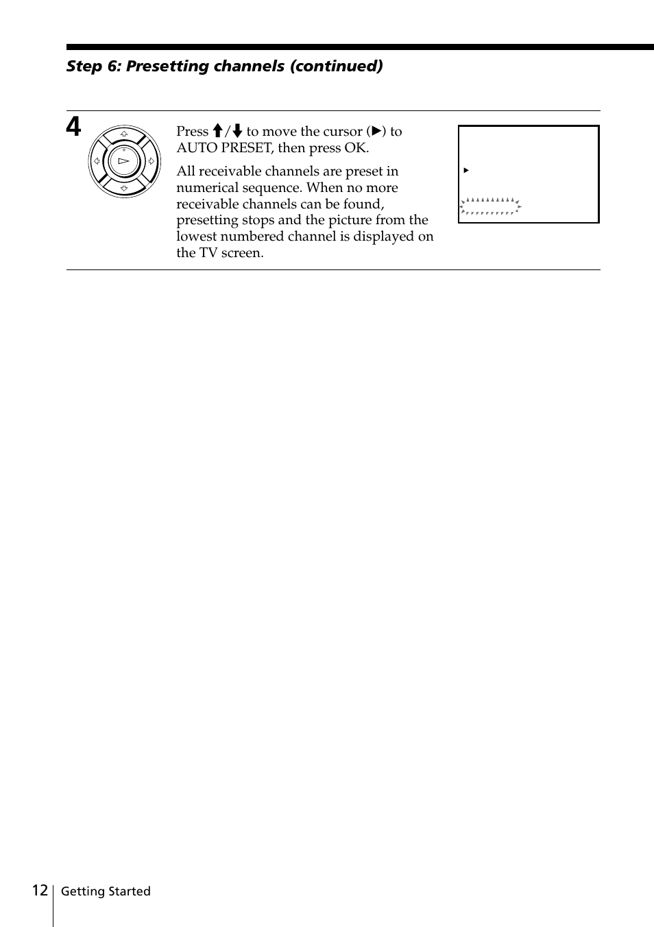 Step 6: presetting channels (continued), Getting started | Sony SLV-ED25PS/TH User Manual | Page 12 / 53