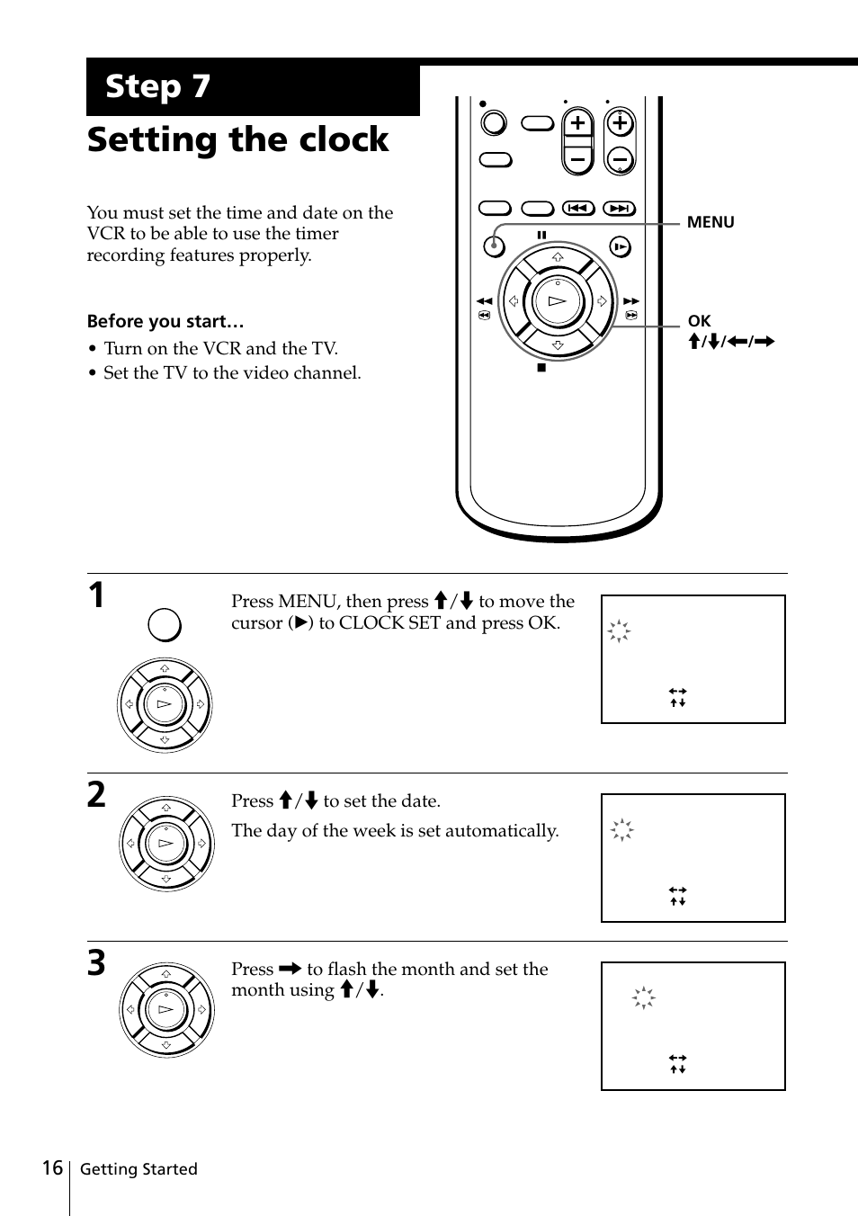 Step 7: setting the clock, Setting the clock, Step 7 | Sony SLV-ED25PS/TH User Manual | Page 16 / 53