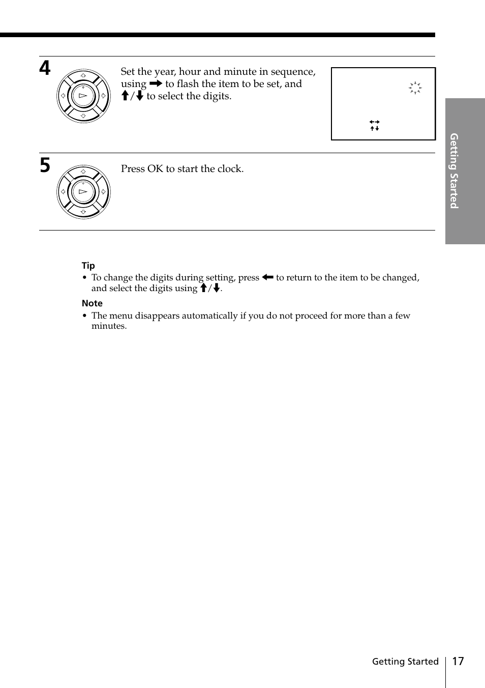 Getting started, Press ok to start the clock | Sony SLV-ED25PS/TH User Manual | Page 17 / 53