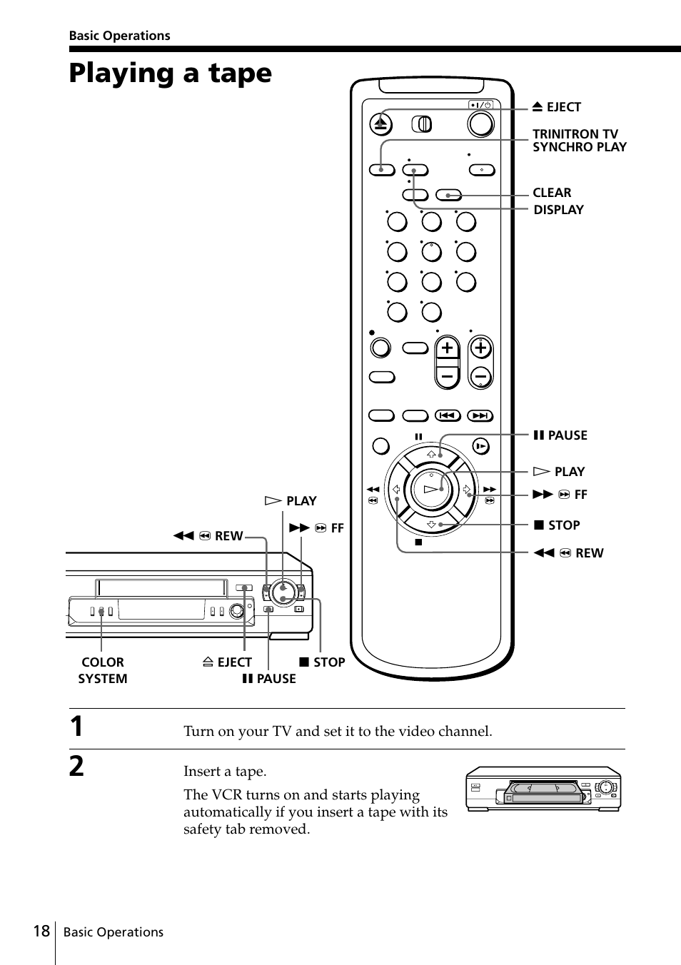 Basic operations, Playing a tape, 18 playing a tape | Sony SLV-ED25PS/TH User Manual | Page 18 / 53