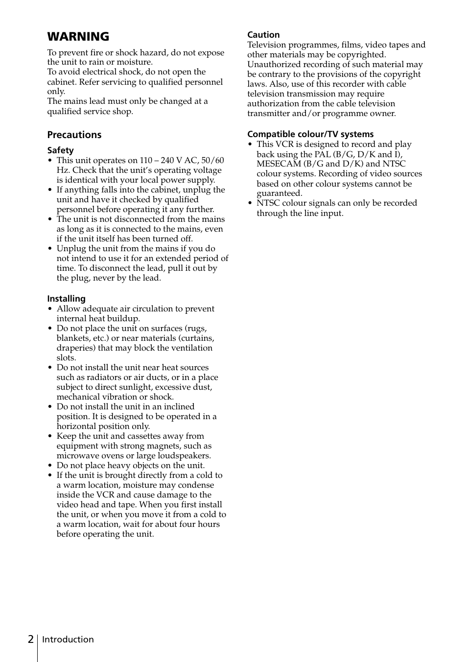 Warning | Sony SLV-ED25PS/TH User Manual | Page 2 / 53