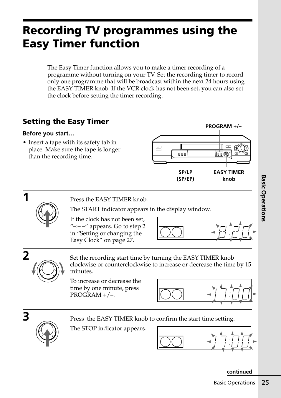 25 recording tv programmes using, The easy timer function, Setting the easy timer | Sony SLV-ED25PS/TH User Manual | Page 25 / 53