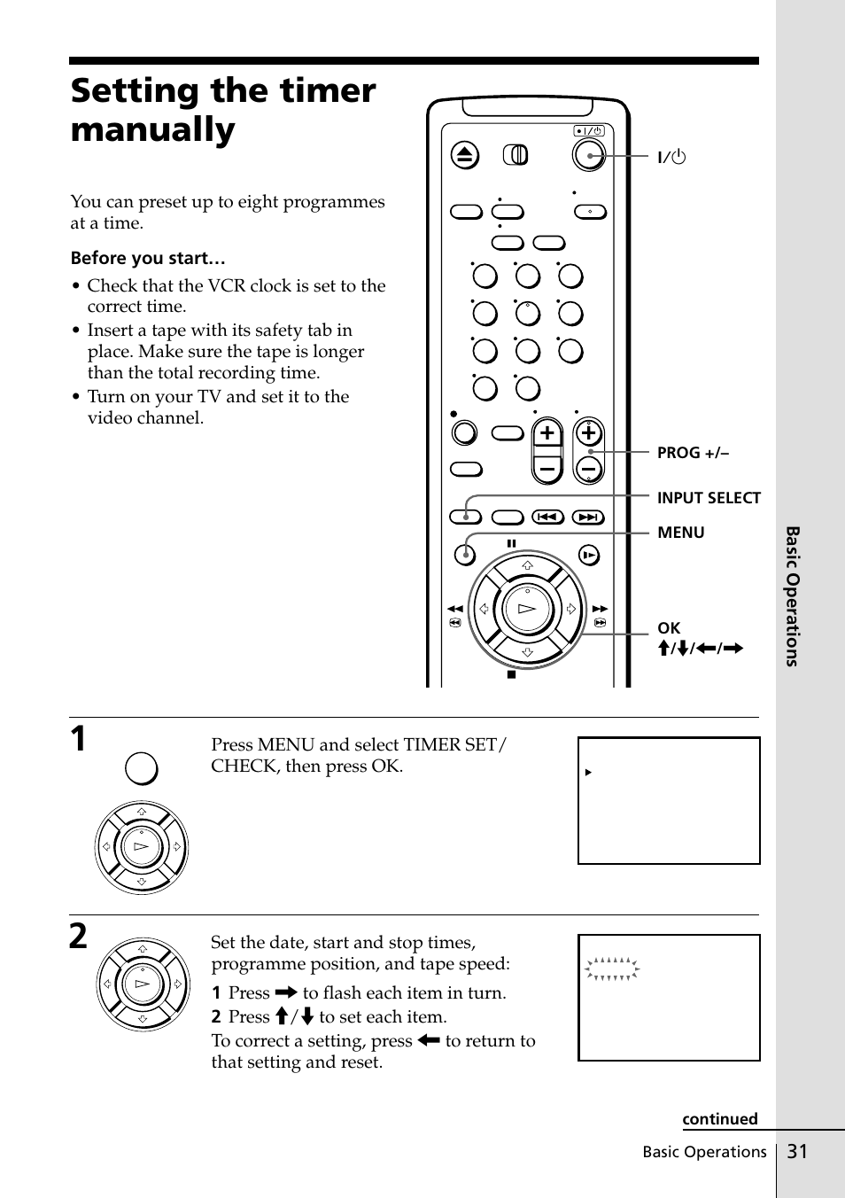 Setting the timer manually, 31 setting the timer manually, Basic operations | Input select menu ok m / m, Prog | Sony SLV-ED25PS/TH User Manual | Page 31 / 53