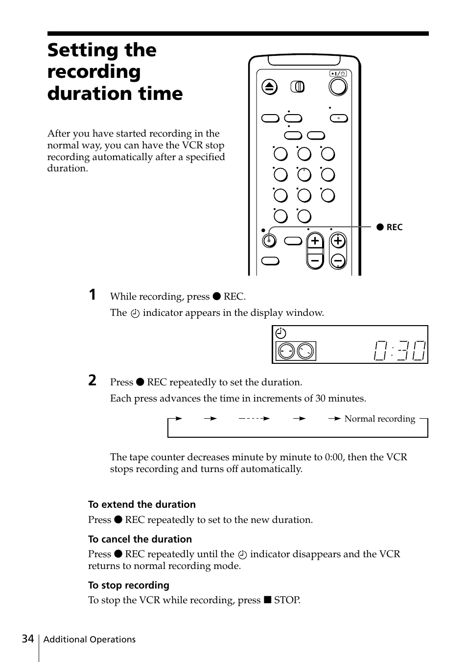 Setting the recording duration time, 34 setting the recording duration, Time | Sony SLV-ED25PS/TH User Manual | Page 34 / 53