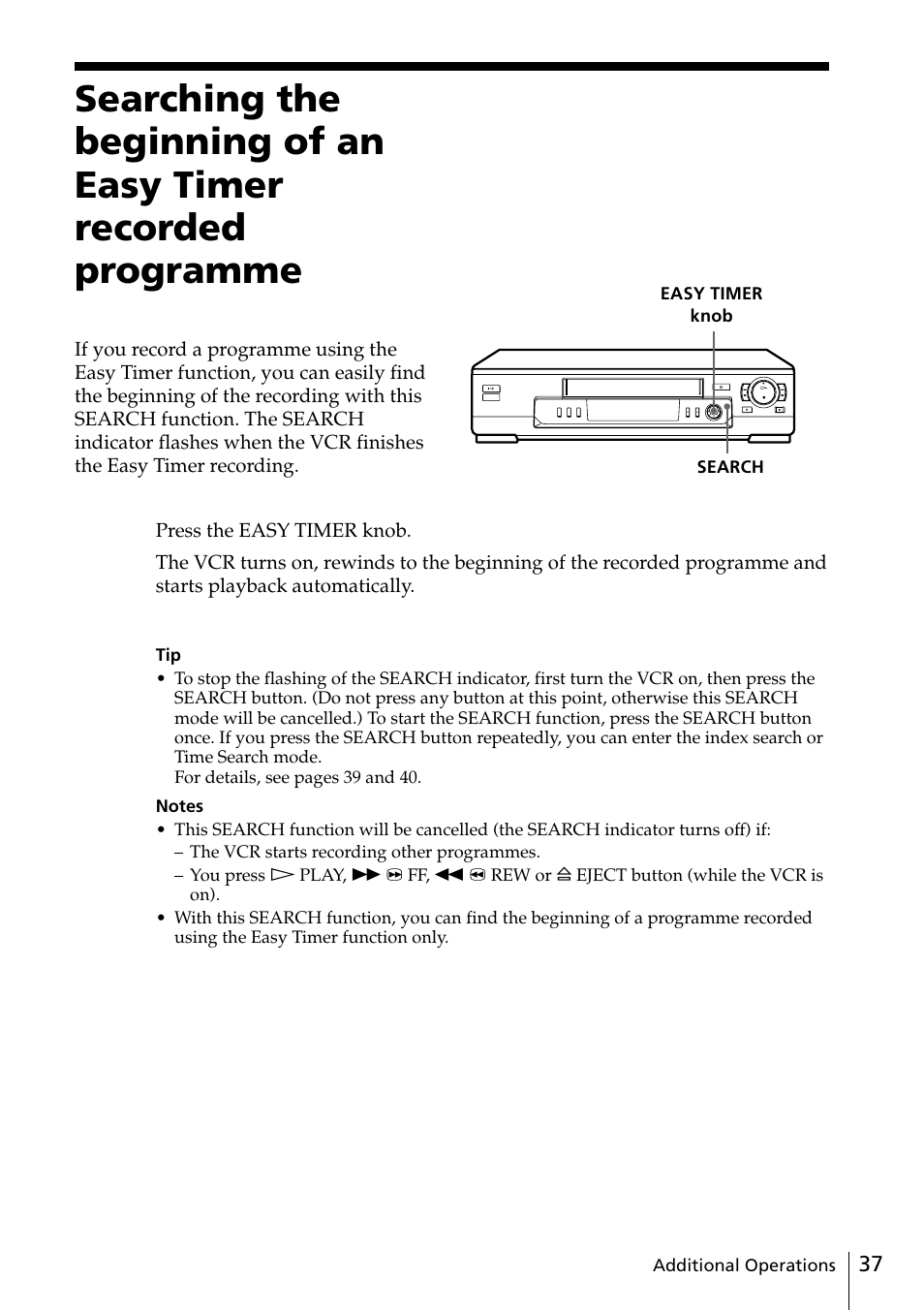 37 searching the beginning of an, Easy timer recorded programme | Sony SLV-ED25PS/TH User Manual | Page 37 / 53