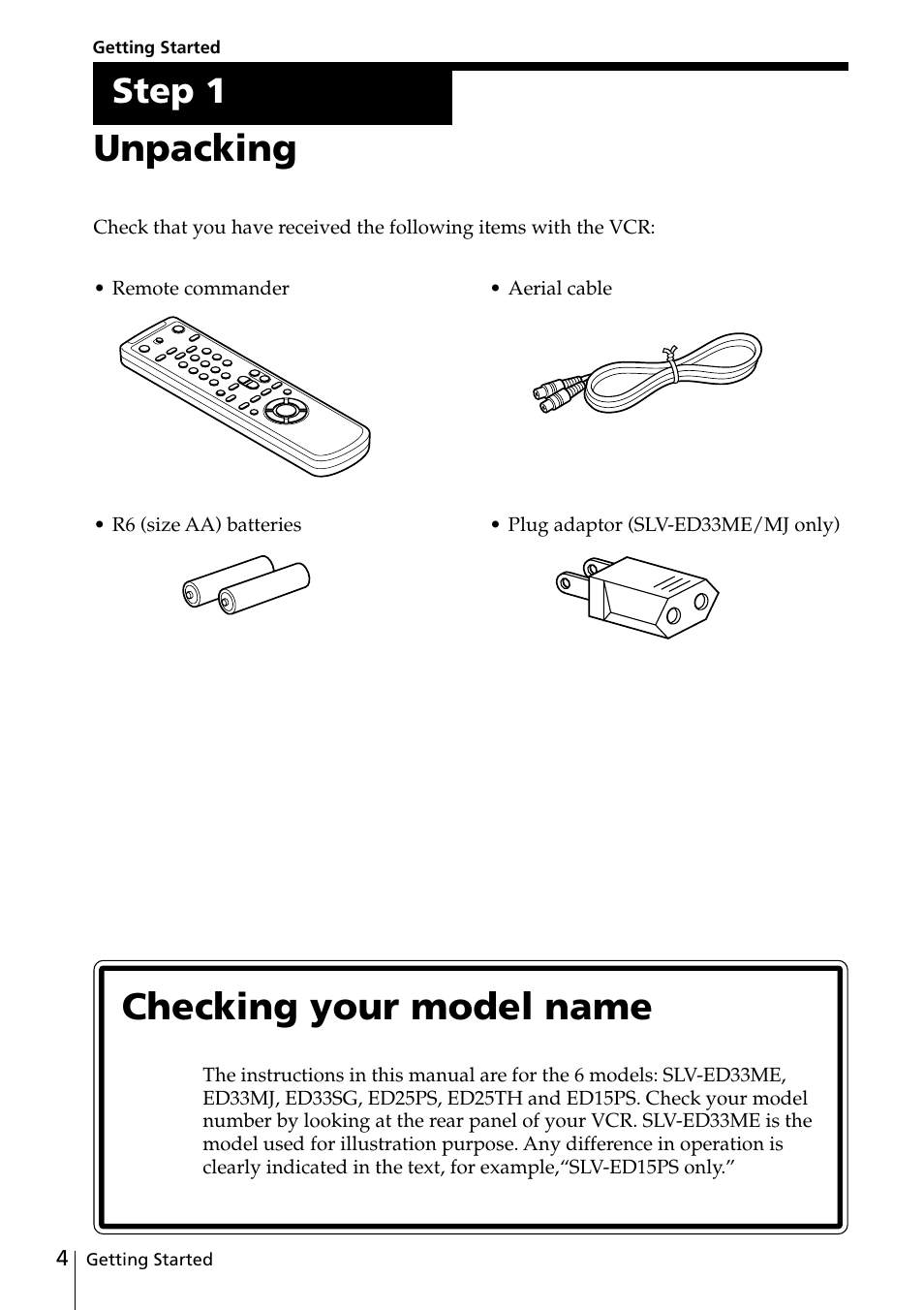 Getting started, Step 1: unpacking, Unpacking | Checking your model name, Step 1 | Sony SLV-ED25PS/TH User Manual | Page 4 / 53