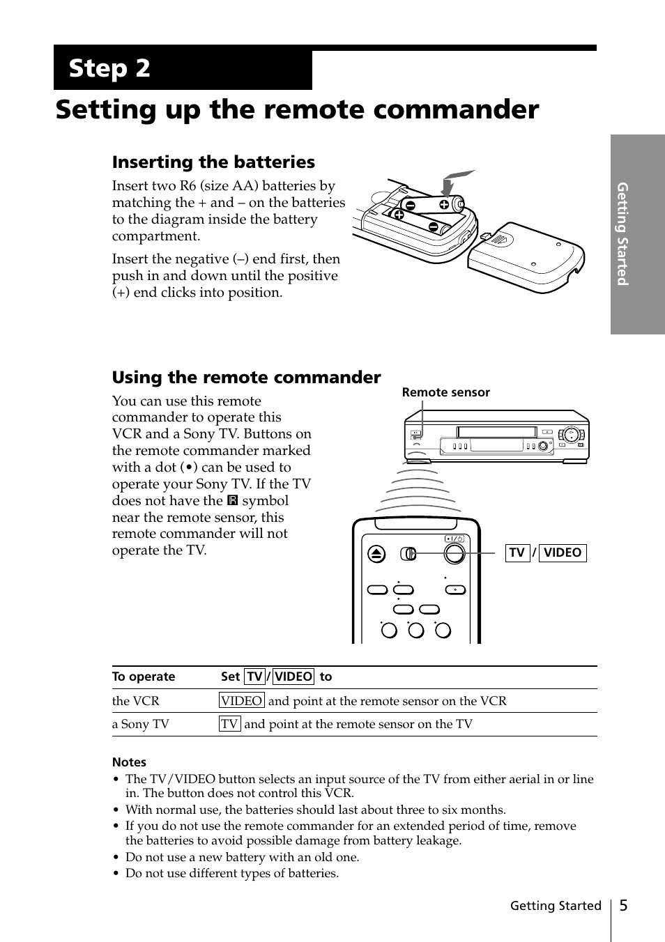 Step 2: setting up the remote commander, Setting up the remote commander, Step 2 | Inserting the batteries, Using the remote commander | Sony SLV-ED25PS/TH User Manual | Page 5 / 53