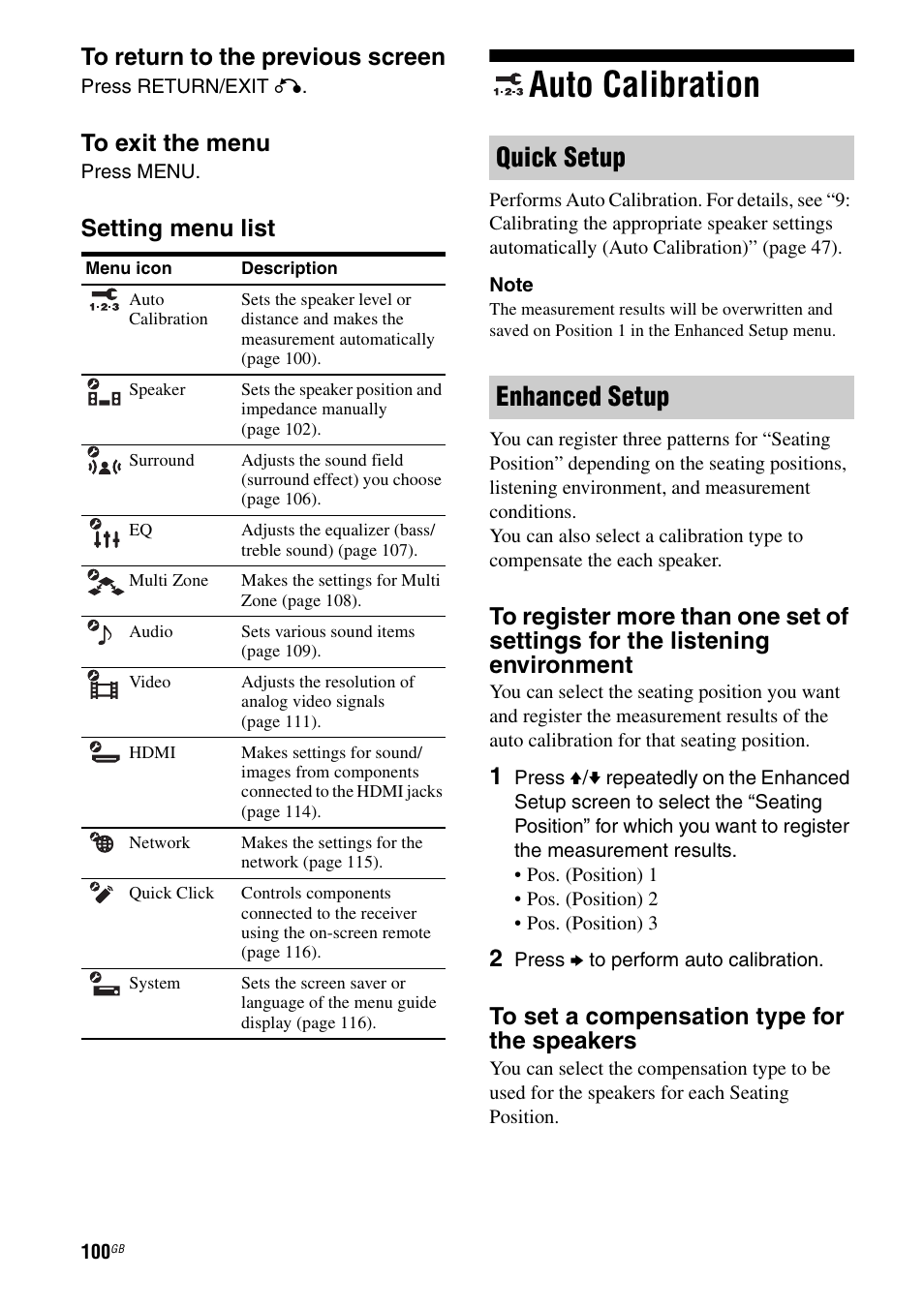 Auto calibration, Quick setup enhanced setup, Setting menu list | Sony 3-875-814-21(1) User Manual | Page 100 / 162