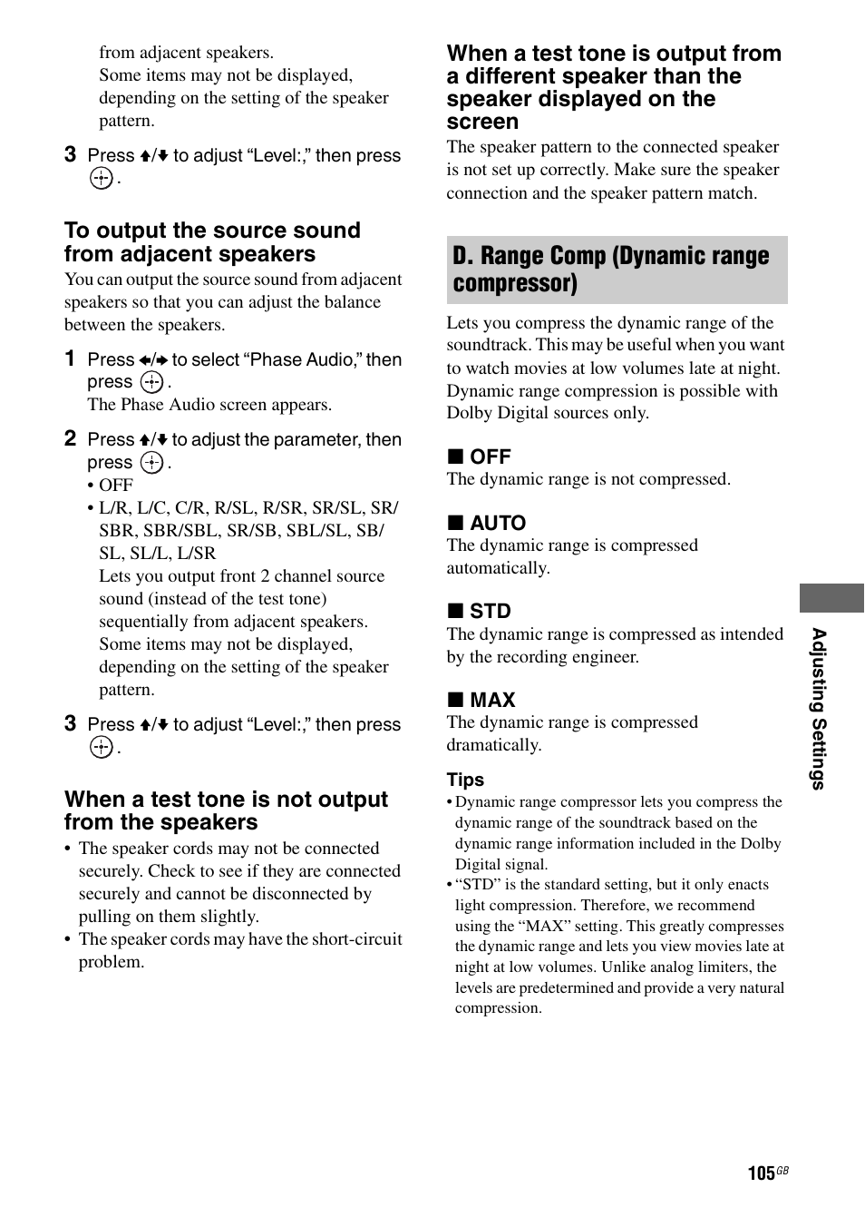 D. range comp (dynamic range compressor), When a test tone is not output from the speakers | Sony 3-875-814-21(1) User Manual | Page 105 / 162