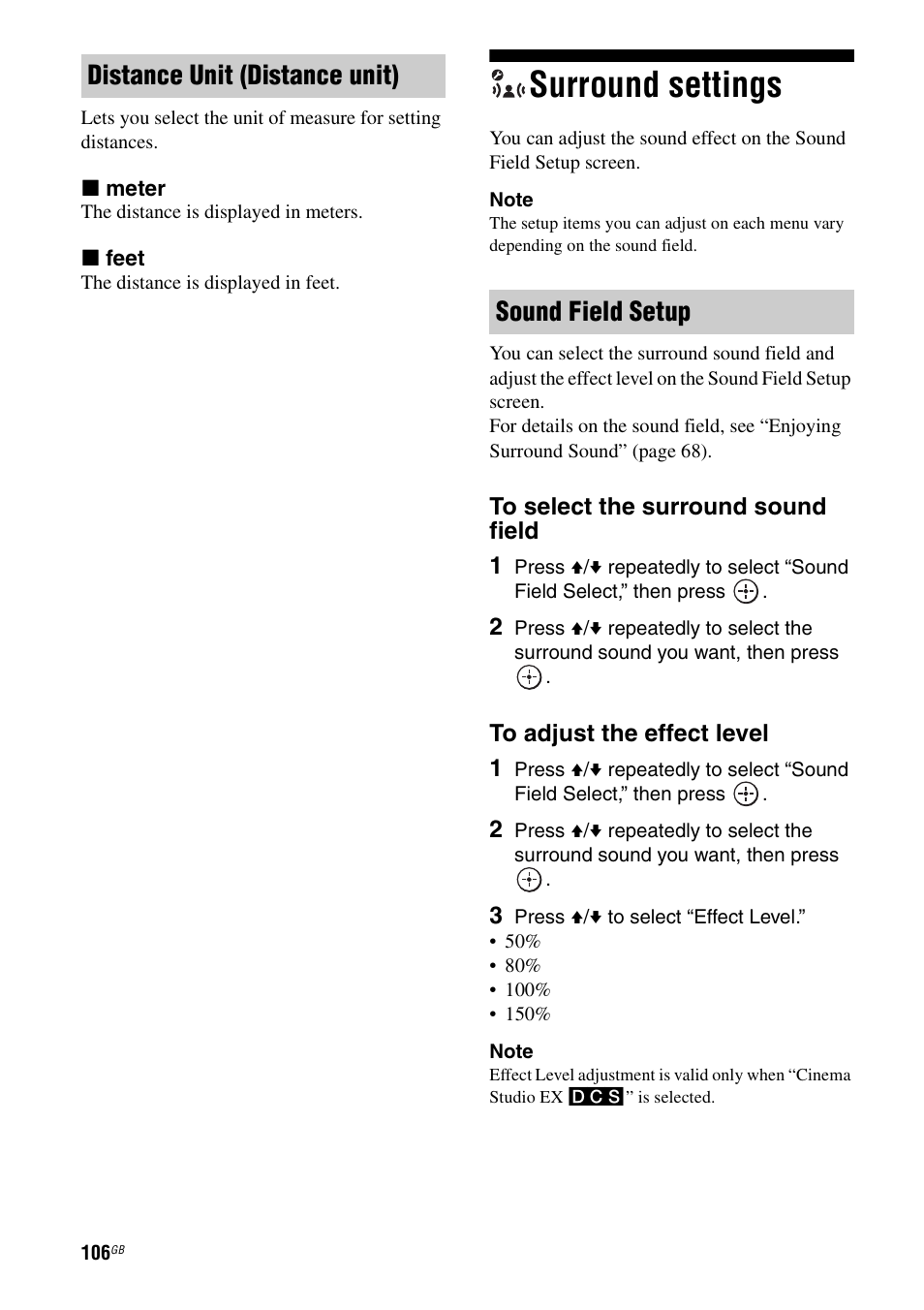 Surround settings, Distance unit (distance unit) sound field setup | Sony 3-875-814-21(1) User Manual | Page 106 / 162