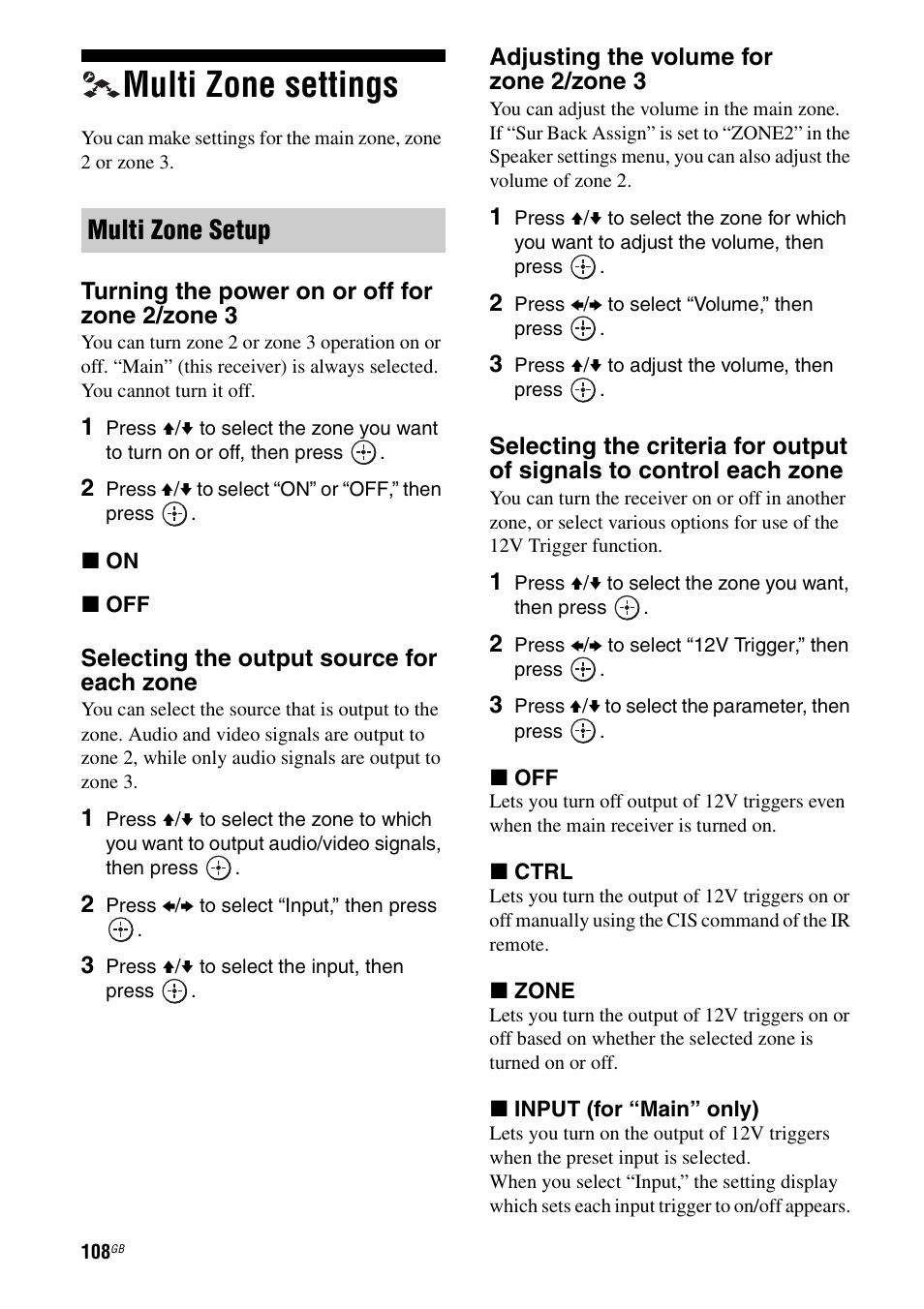 Multi zone settings, Multi zone setup | Sony 3-875-814-21(1) User Manual | Page 108 / 162