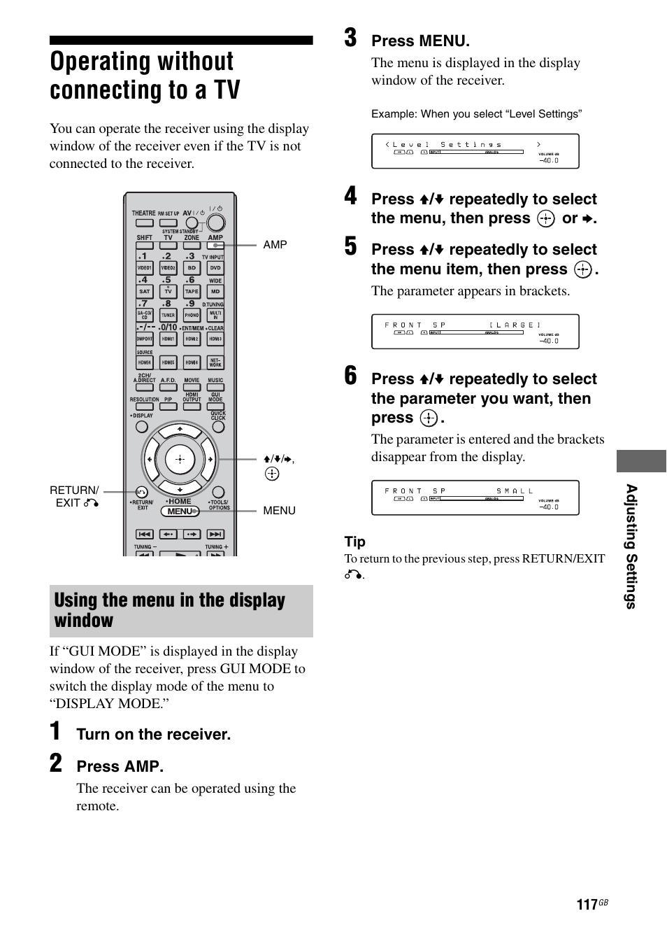 Operating without connecting to a tv, Using the menu in the display window | Sony 3-875-814-21(1) User Manual | Page 117 / 162