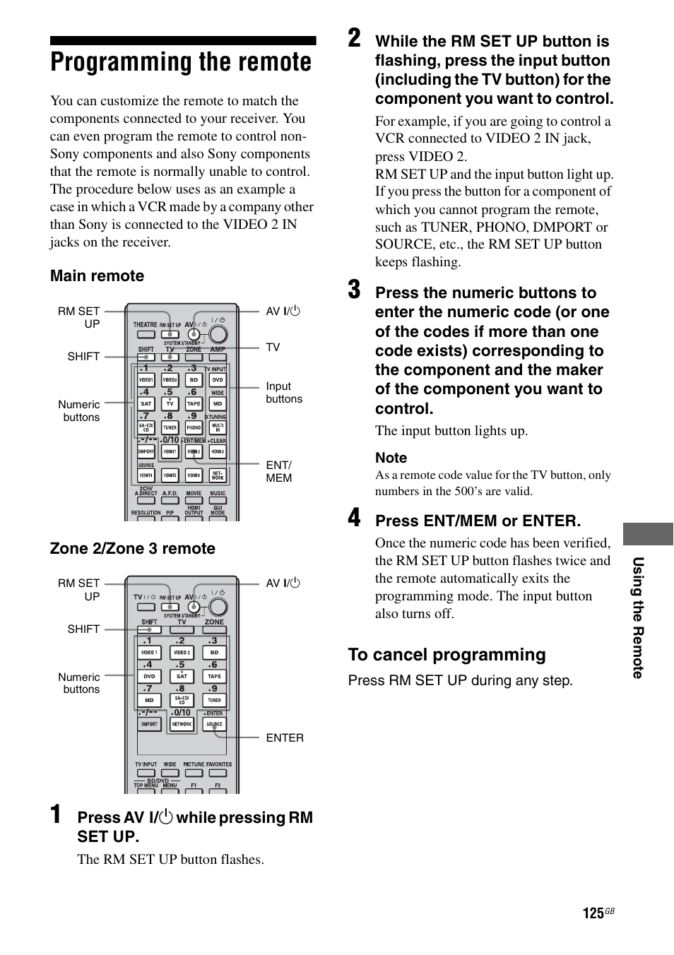 Programming the remote | Sony 3-875-814-21(1) User Manual | Page 125 / 162