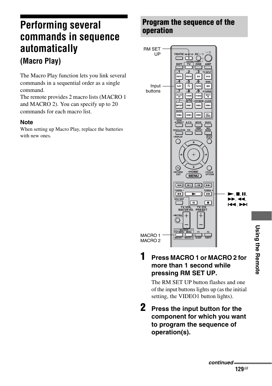 Performing several commands in sequence, Automatically (macro play), Macro play) | Program the sequence of the operation | Sony 3-875-814-21(1) User Manual | Page 129 / 162