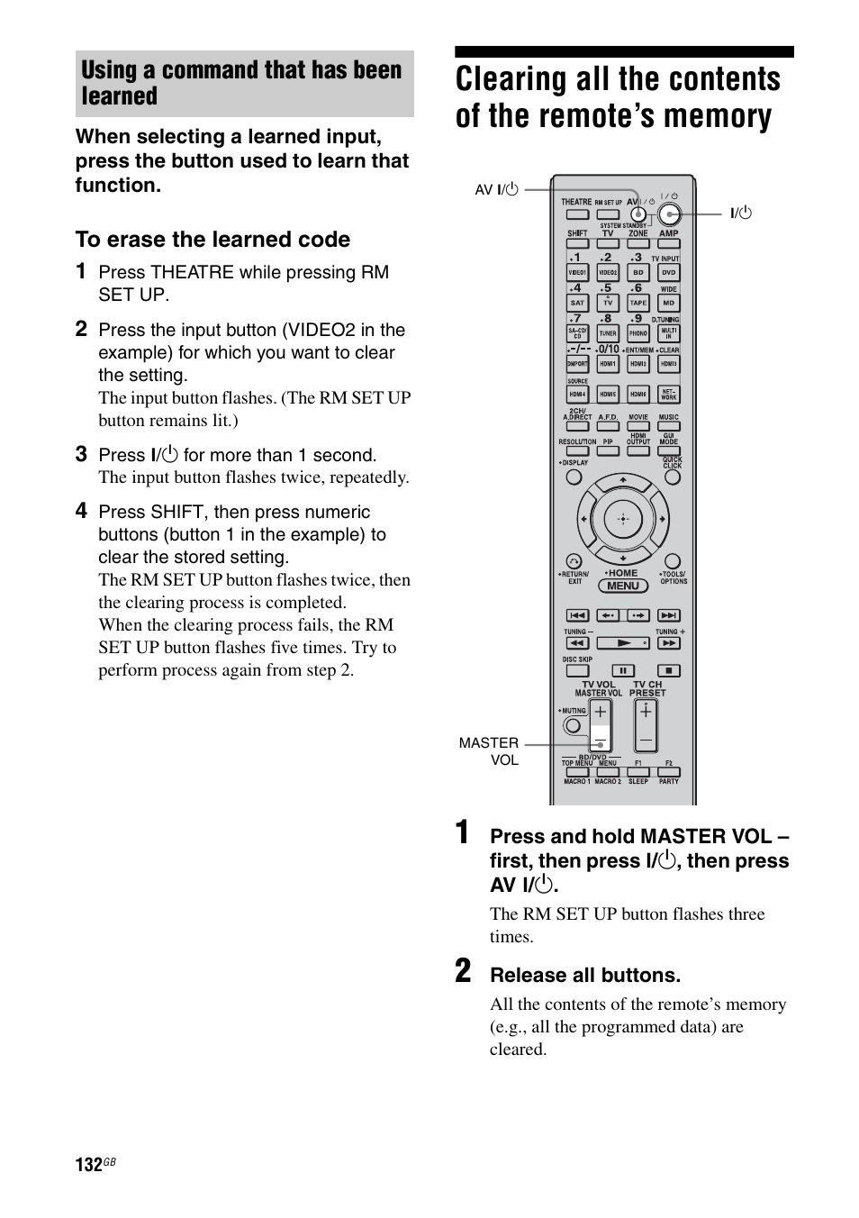 Clearing all the contents of the remote’s memory, Clearing all the contents of the remote’s, Memory | Using a command that has been learned | Sony 3-875-814-21(1) User Manual | Page 132 / 162