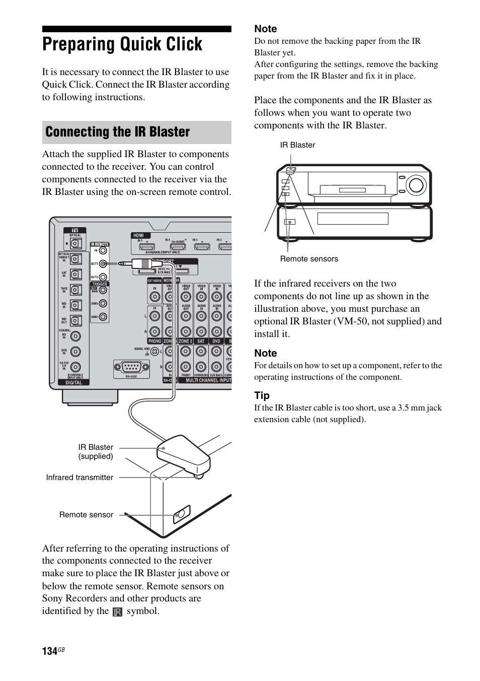 Preparing quick click, Connecting the ir blaster | Sony 3-875-814-21(1) User Manual | Page 134 / 162