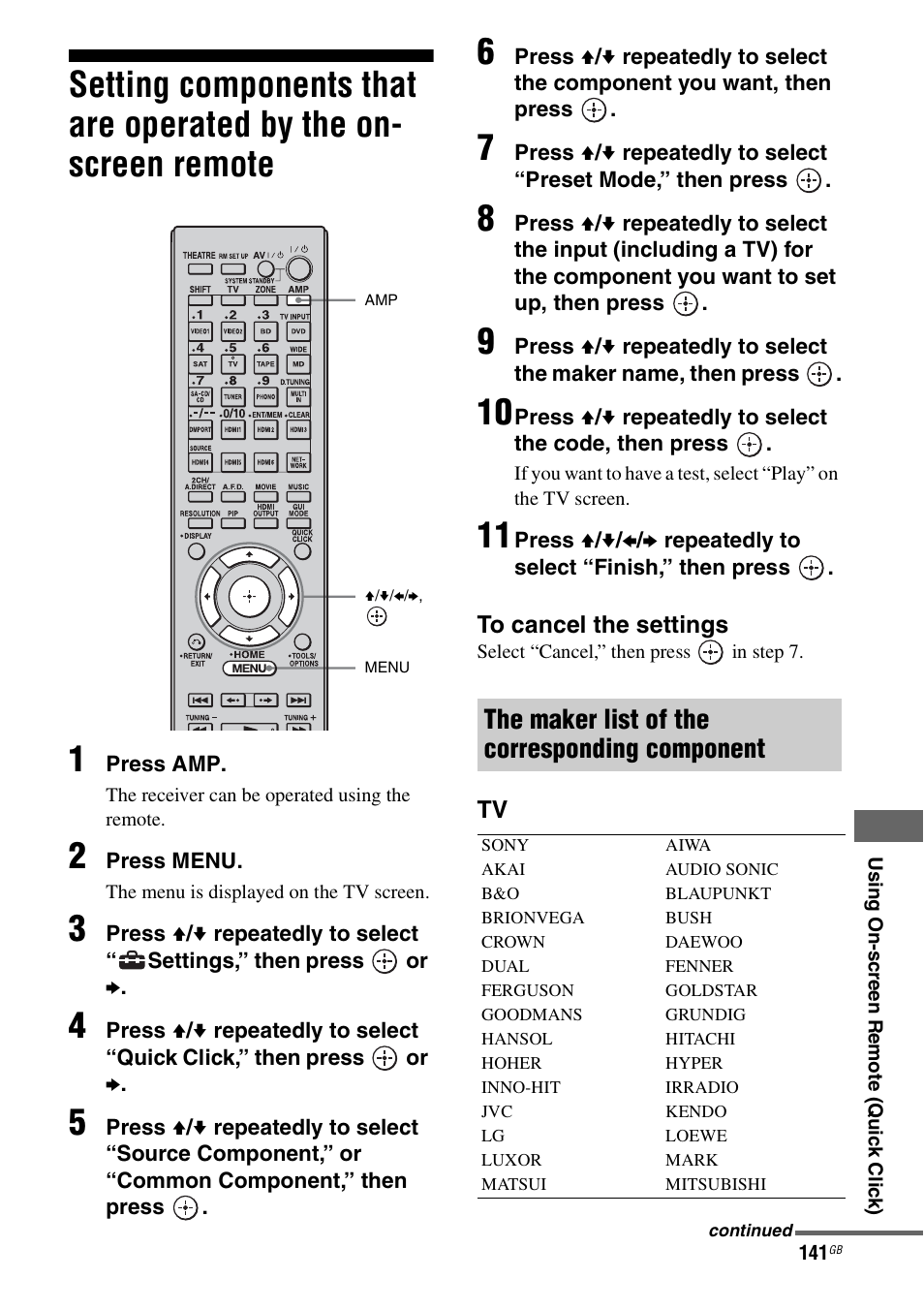 Setting components that are operated by the, On-screen remote, The maker list of the corresponding component | Sony 3-875-814-21(1) User Manual | Page 141 / 162