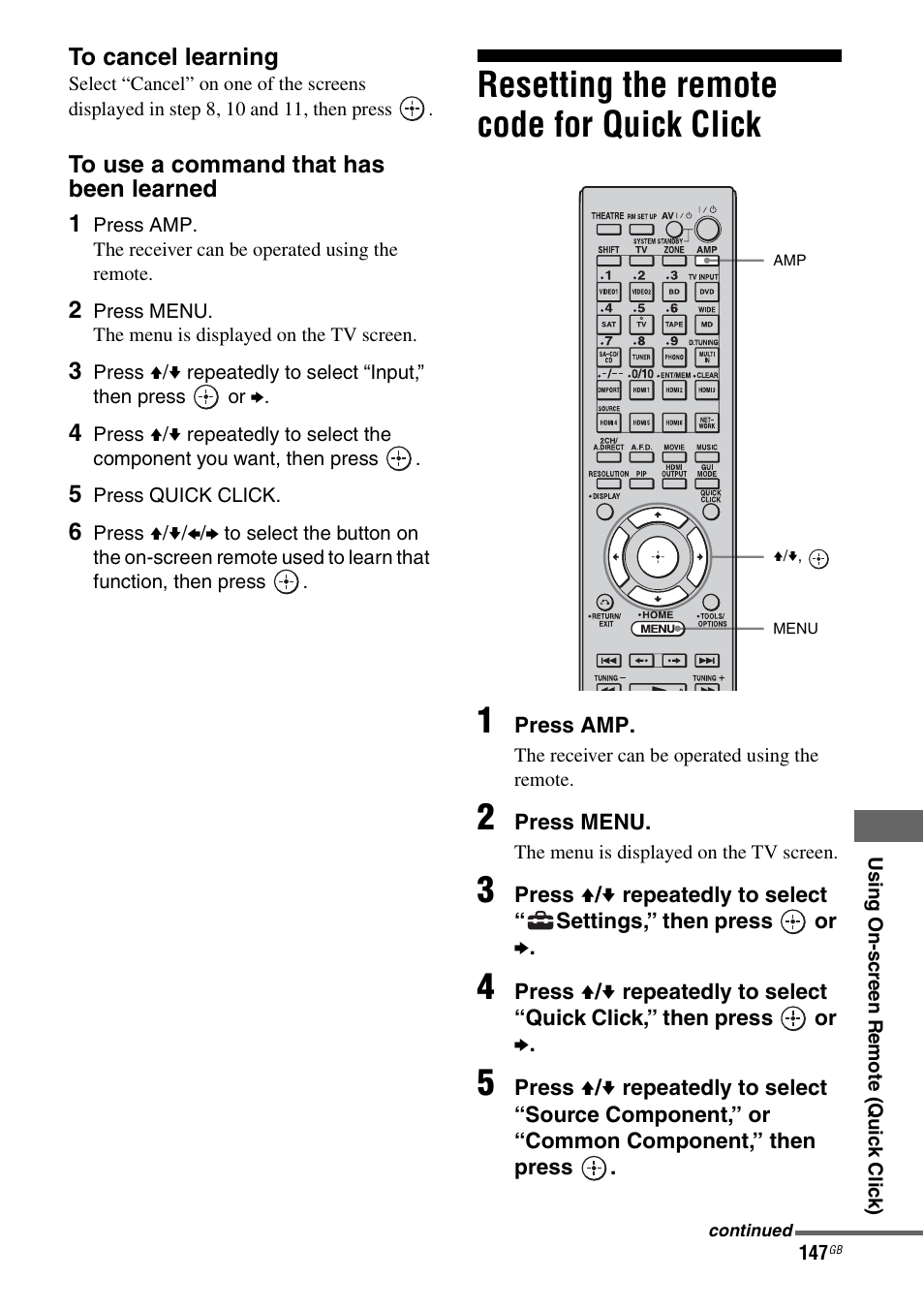 Resetting the remote code for quick click, Resetting the remote code for quick, Click | Resetting the remote code for quick click 1 | Sony 3-875-814-21(1) User Manual | Page 147 / 162