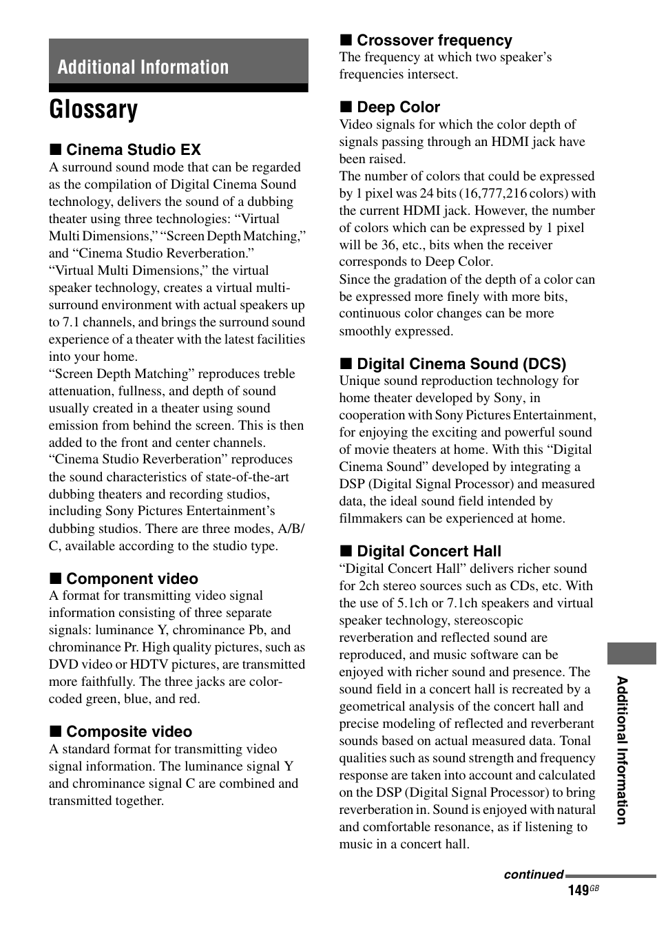 Additional information, Glossary | Sony 3-875-814-21(1) User Manual | Page 149 / 162