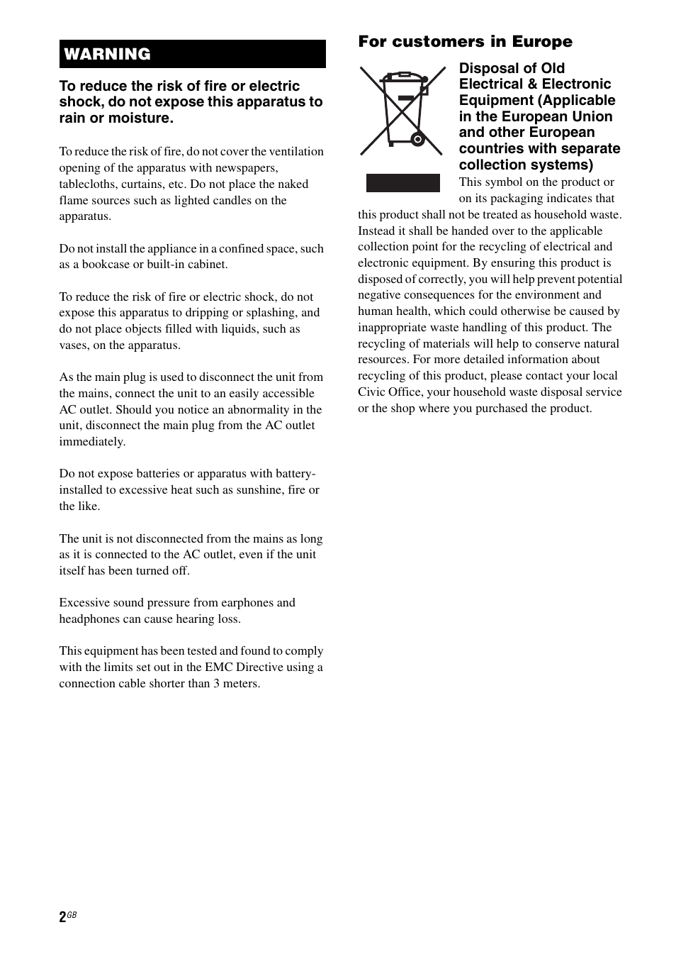 For customers in europe, Warning | Sony 3-875-814-21(1) User Manual | Page 2 / 162