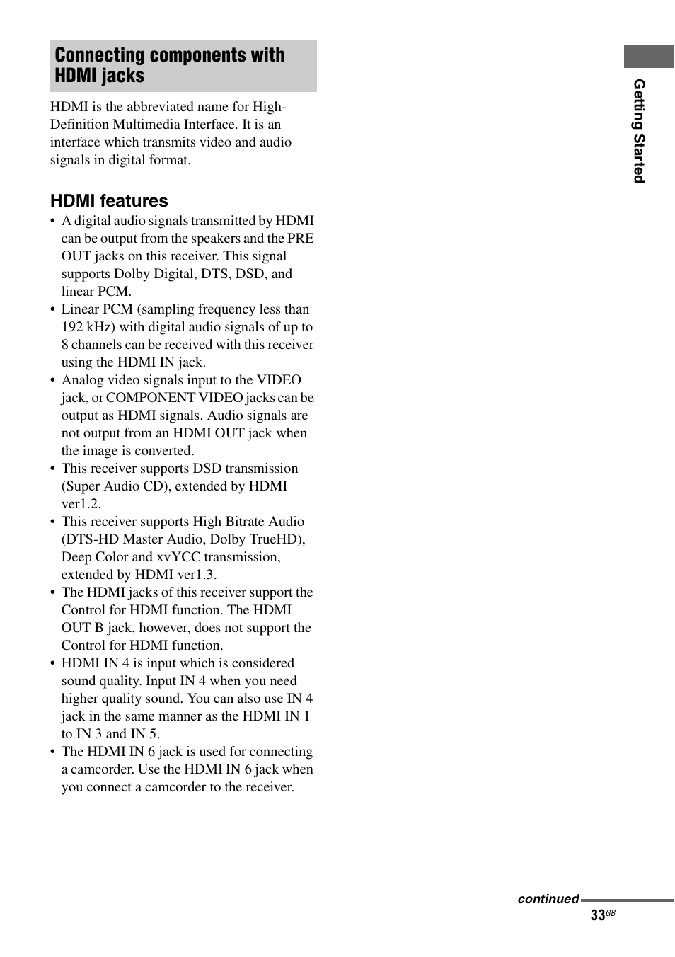 Connecting components with hdmi jacks, Hdmi features | Sony 3-875-814-21(1) User Manual | Page 33 / 162