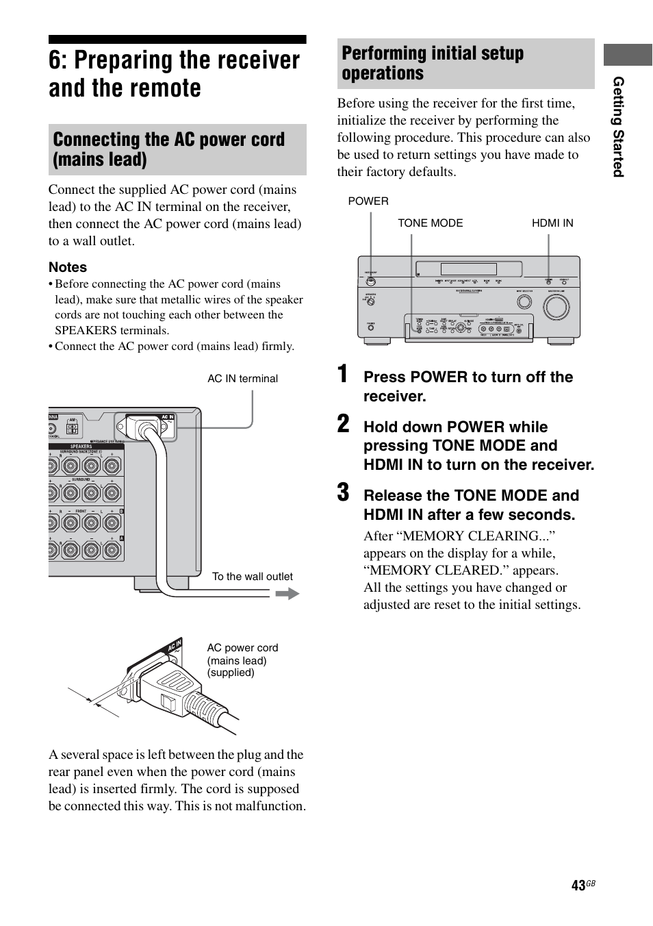 Preparing the receiver and the remote, Connecting the ac power cord (mains lead), Performing initial setup operations | Sony 3-875-814-21(1) User Manual | Page 43 / 162