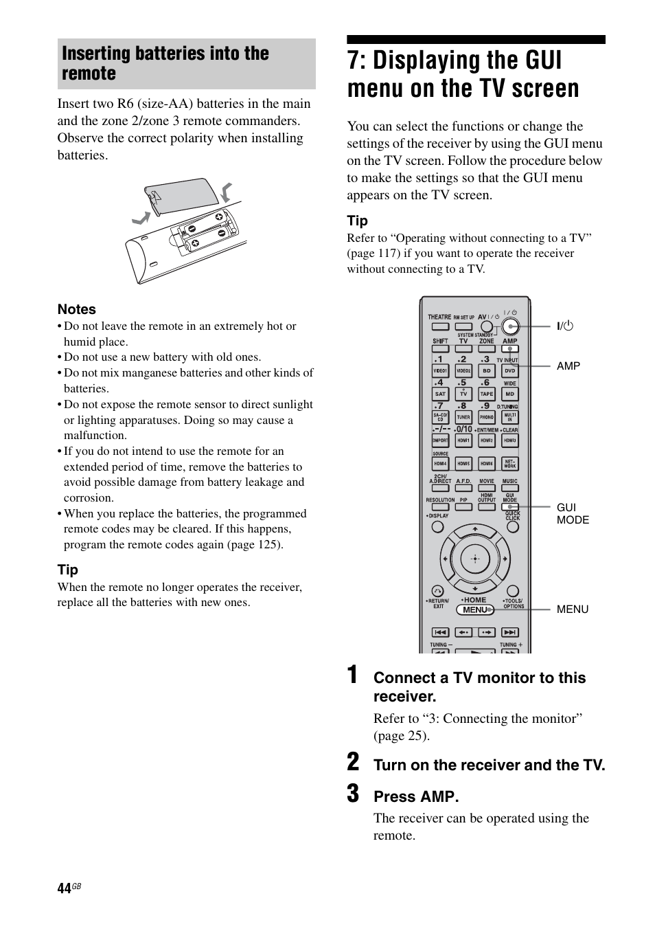 Displaying the gui menu on the tv screen, Displaying the gui menu on the tv, Screen | Inserting batteries into the remote | Sony 3-875-814-21(1) User Manual | Page 44 / 162