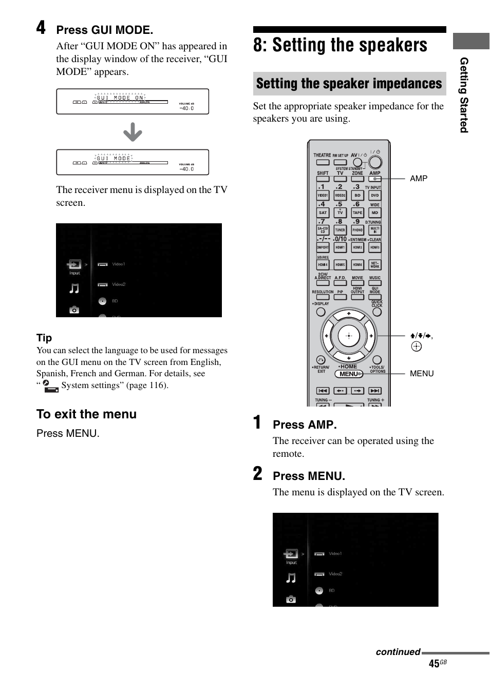 Setting the speakers, Setting the speaker impedances | Sony 3-875-814-21(1) User Manual | Page 45 / 162