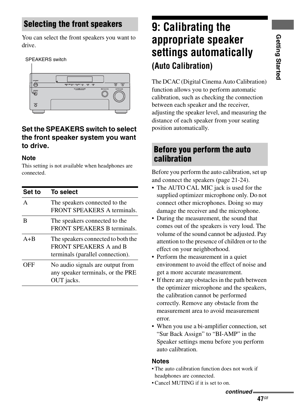 Calibrating the appropriate speaker settings, Automatically (auto calibration), Auto calibration) | Selecting the front speakers, Before you perform the auto calibration | Sony 3-875-814-21(1) User Manual | Page 47 / 162